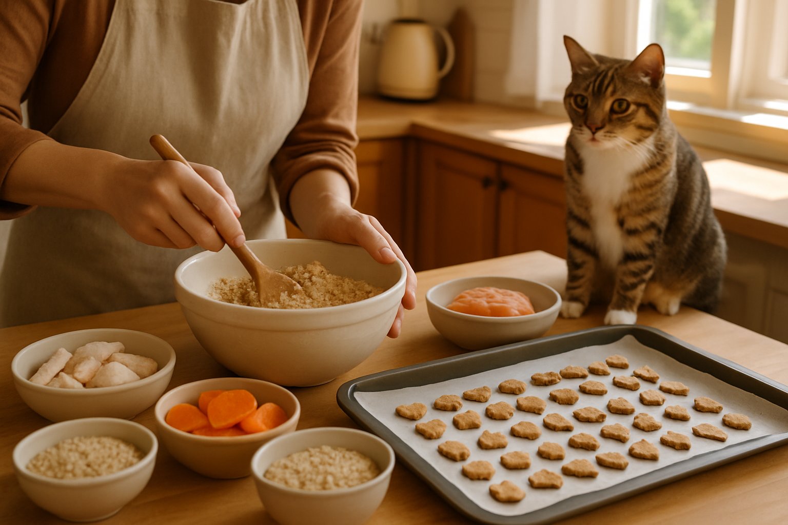 A kitchen countertop with ingredients and a person mixing dough for homemade cat treats while a cat watches nearby.