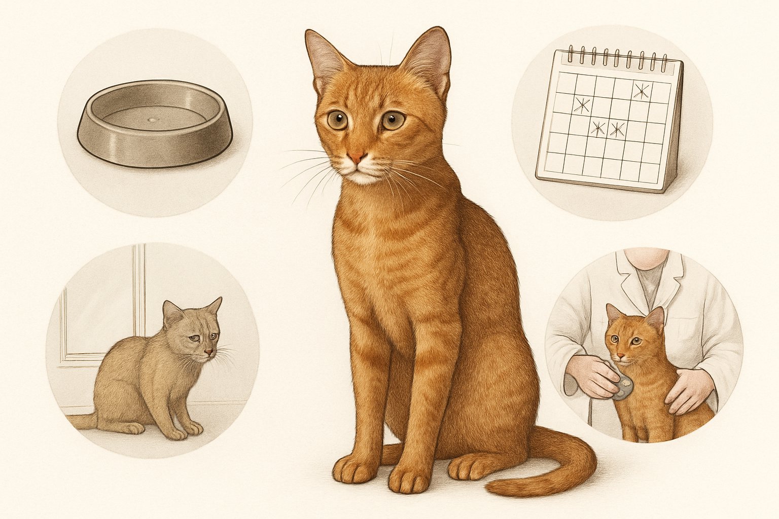 A healthy domestic cat surrounded by images representing causes of vitamin deficiency, including poor diet, irregular feeding, lack of sunlight, and a vet examination.