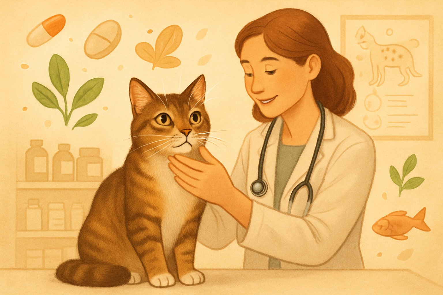 A veterinarian gently examining a healthy cat on an examination table in a veterinary clinic, with illustrations of vitamins and healthy foods nearby.