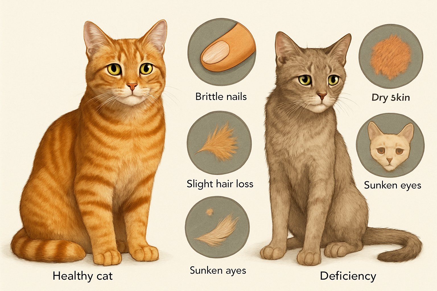 Two cats side by side, one healthy and one showing signs of vitamin deficiency such as dull fur and lethargy, with visual indicators of symptoms around them.