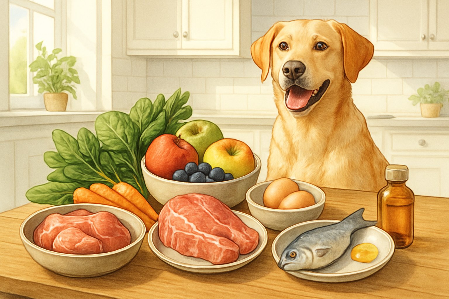 A healthy dog sitting next to a table with bowls of raw meat, vegetables, fruits, and supplements arranged to show a balanced raw dog food diet.