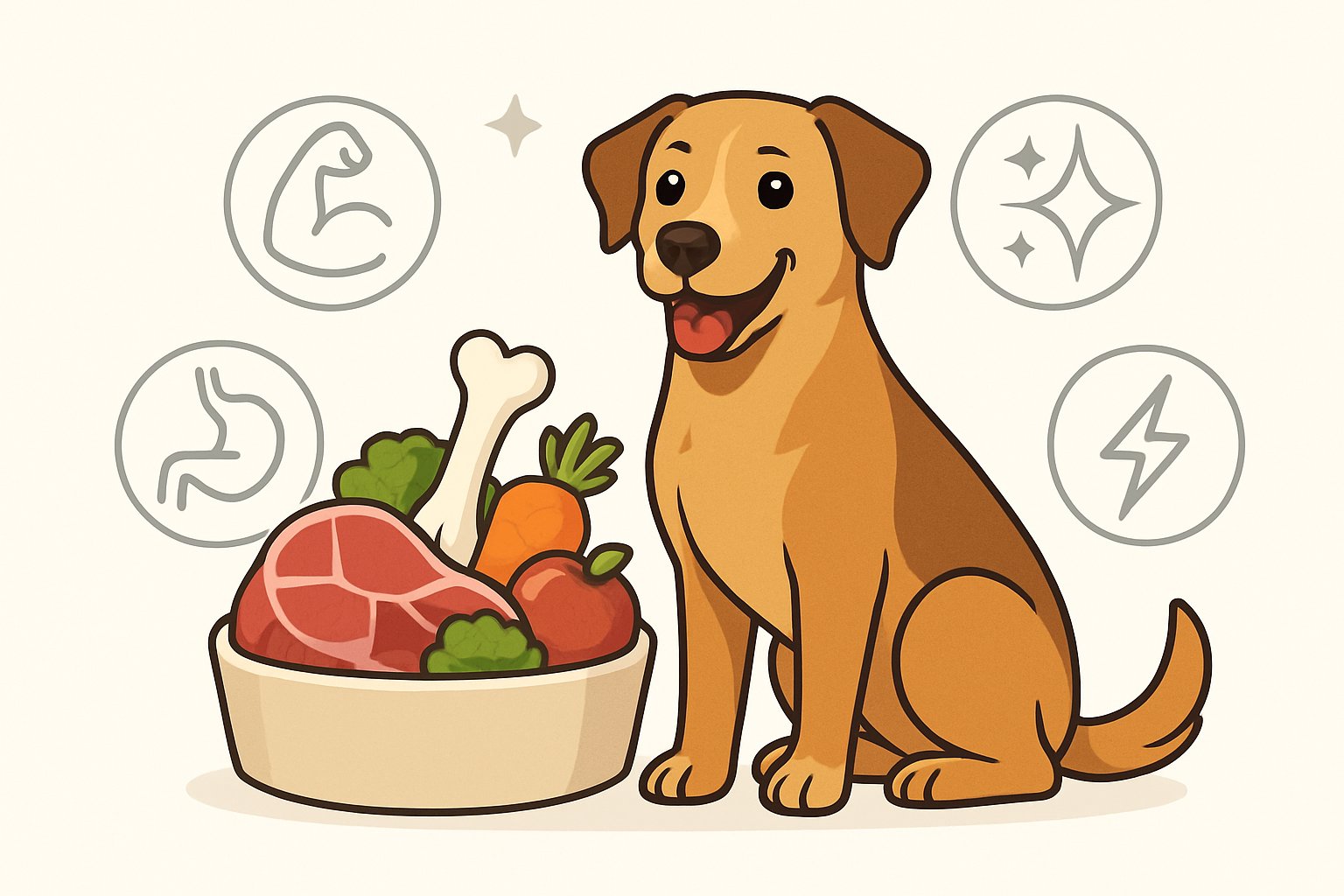 A happy dog sitting next to a bowl of fresh raw food with icons representing health benefits around it.