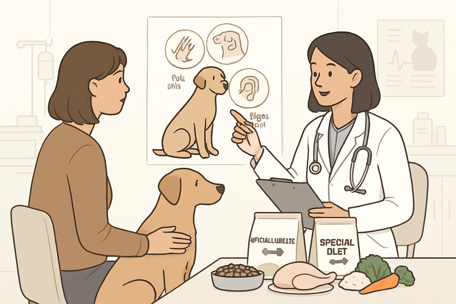 A veterinarian talks with a dog owner while a dog sits nearby, with a chart showing dog food allergens and symptoms and a table displaying special diet foods.