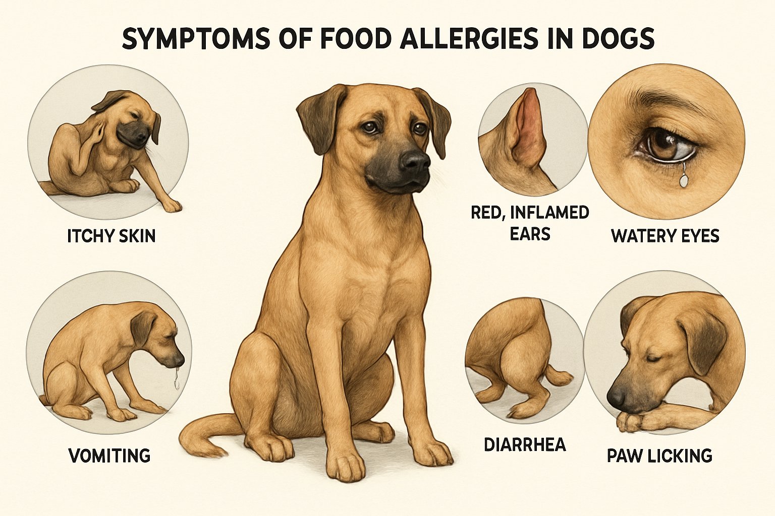 A dog surrounded by illustrations showing symptoms of food allergies including itchy skin, red ears, watery eyes, vomiting, diarrhea, and paw licking.