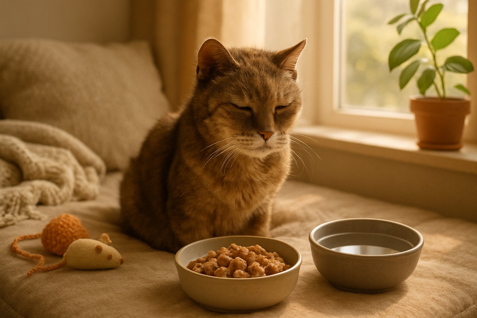A senior cat sitting on a cushion near a sunny window with a bowl of food and water in front of it.