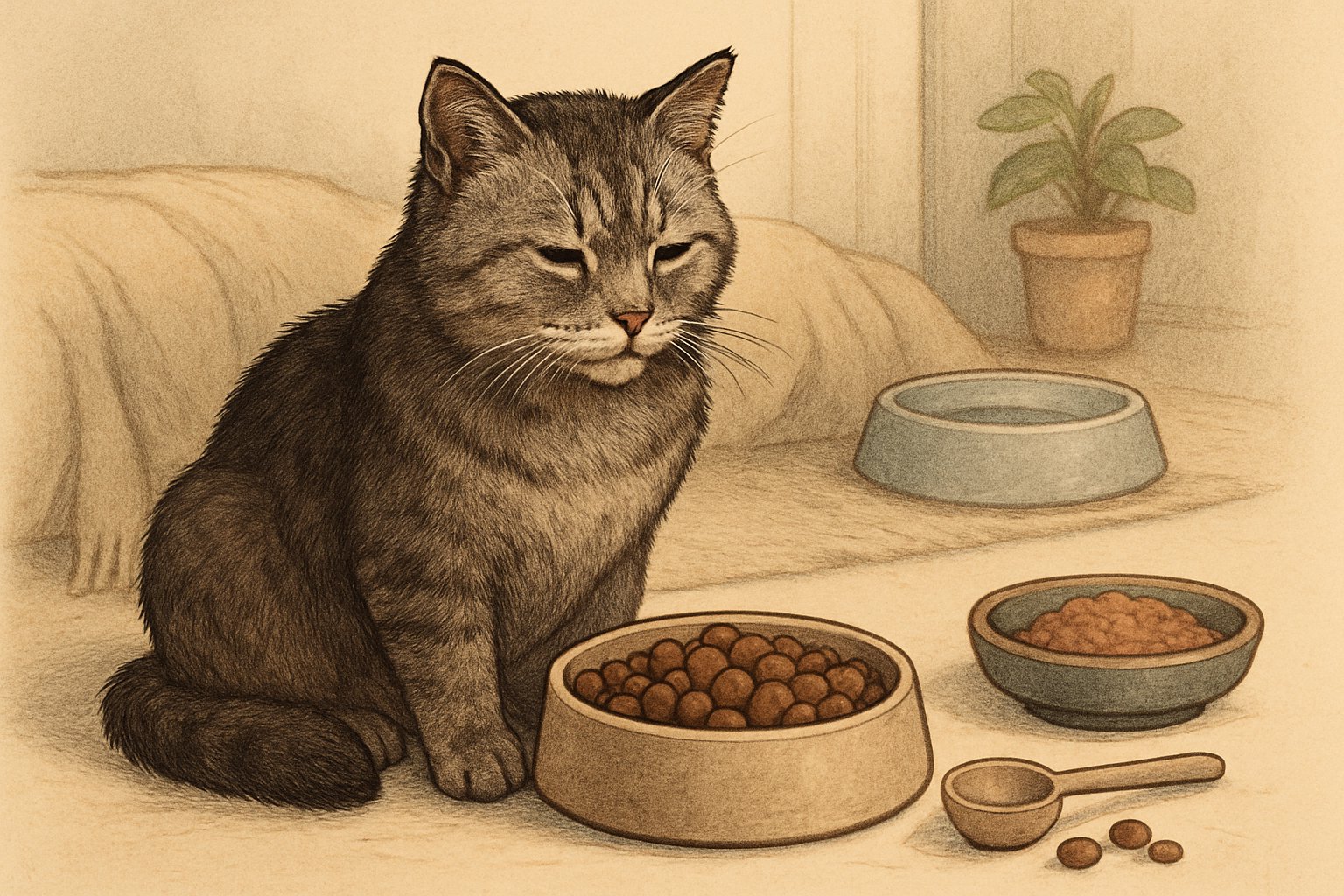A senior cat sitting next to bowls of cat food in a cozy home setting with feeding items nearby.