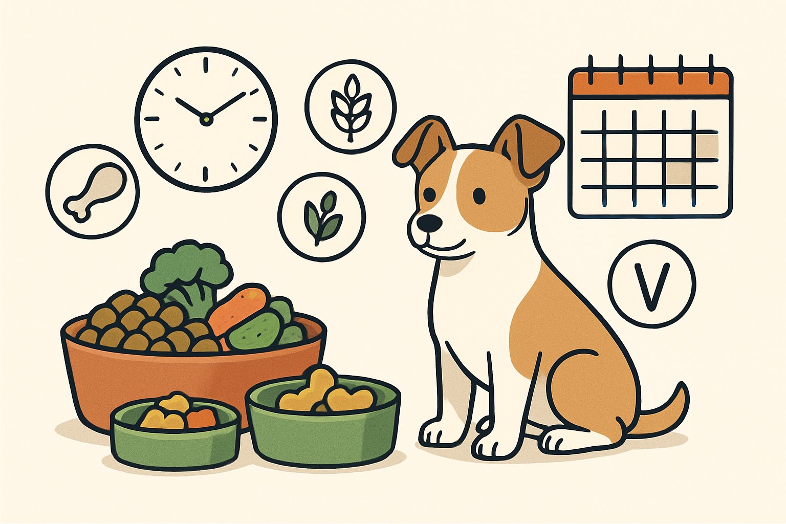 A small dog sitting next to food bowls with different portions and a clock and calendar showing feeding times.