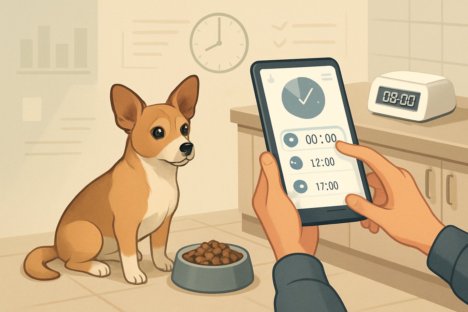 A small dog sitting next to a bowl of food while a person adjusts a digital feeding schedule on a tablet in a kitchen.