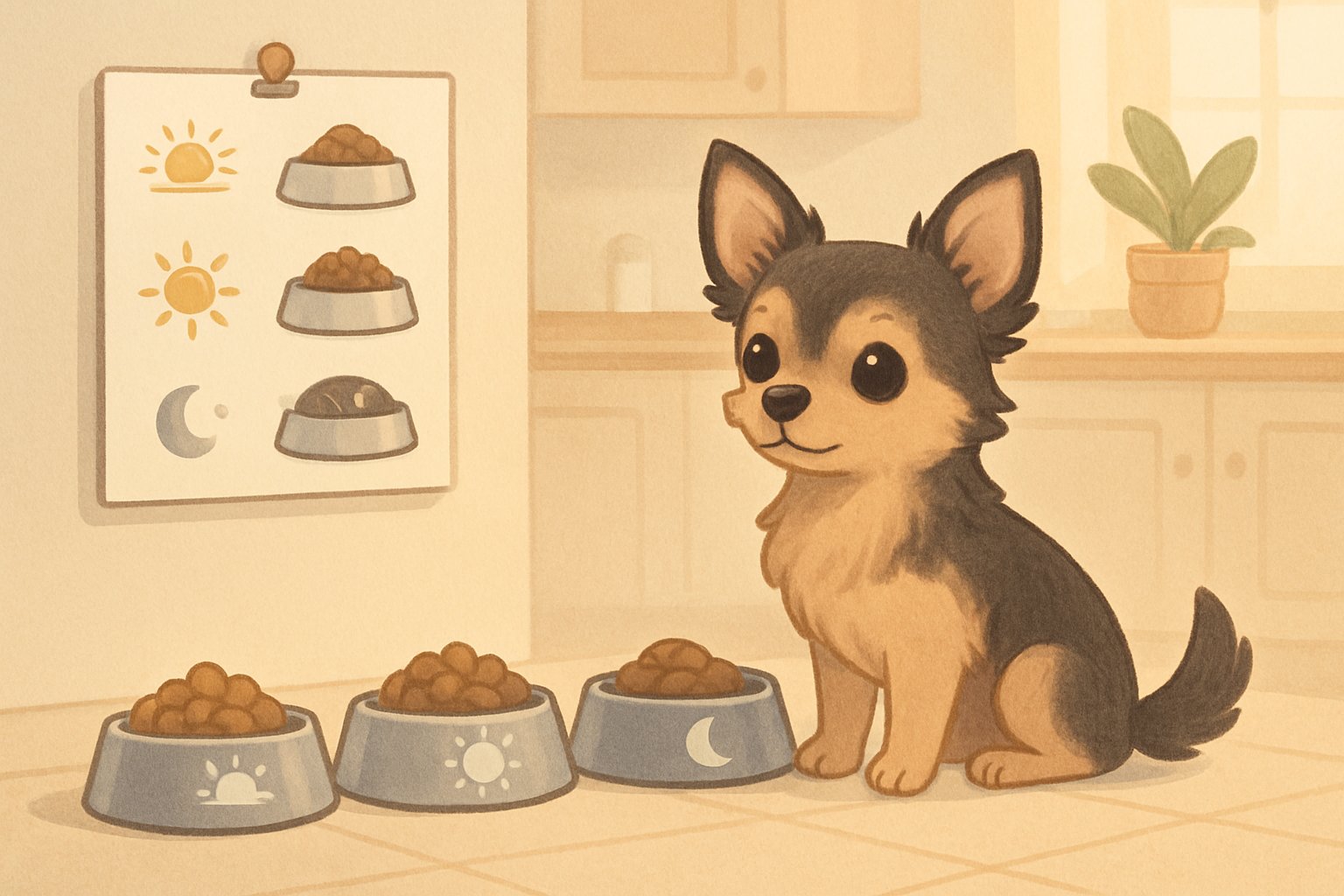 A small dog sitting next to several bowls arranged to represent different feeding times in a cozy home setting.
