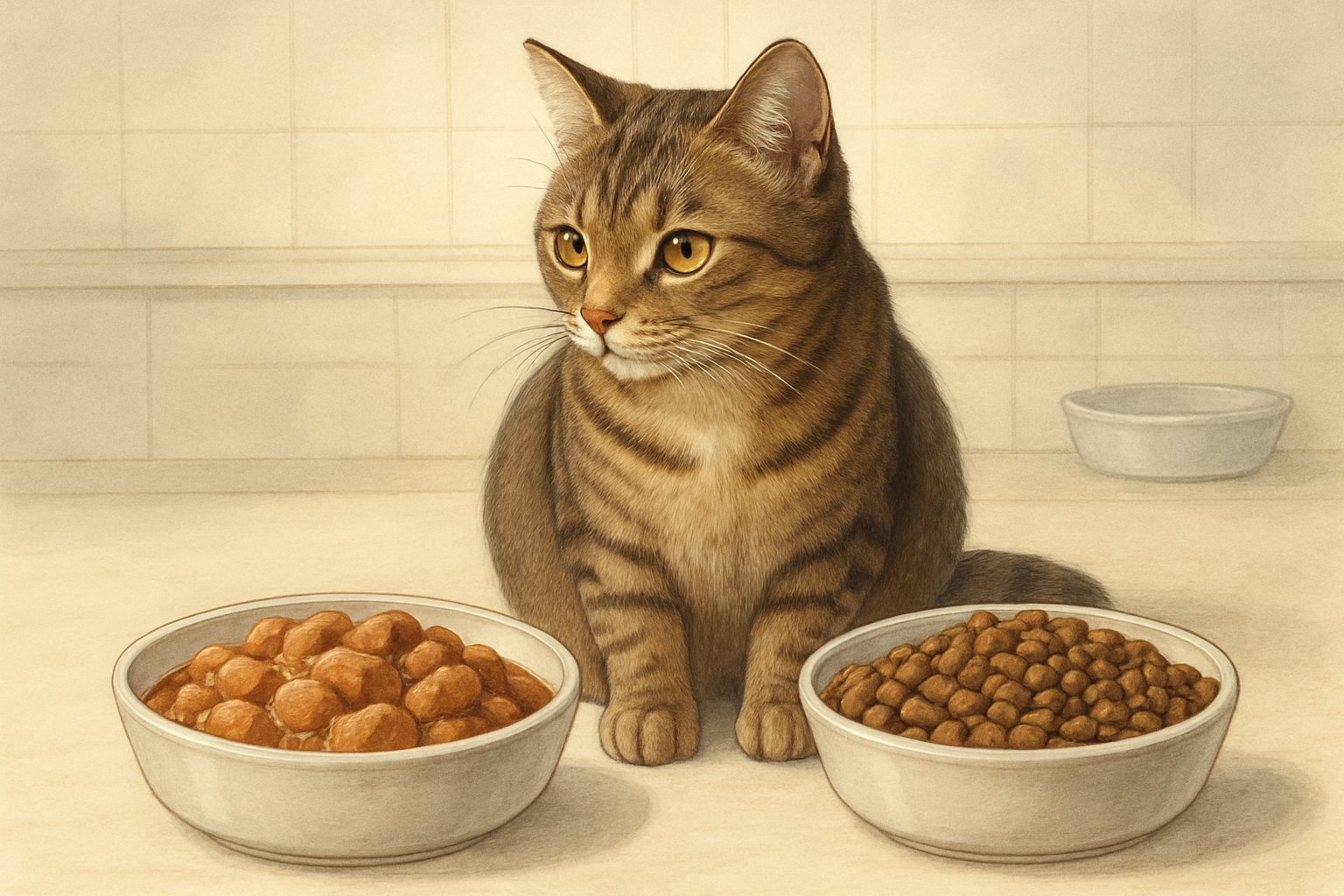 A cat sitting between two bowls, one with wet cat food and one with dry kibble, in a kitchen setting.