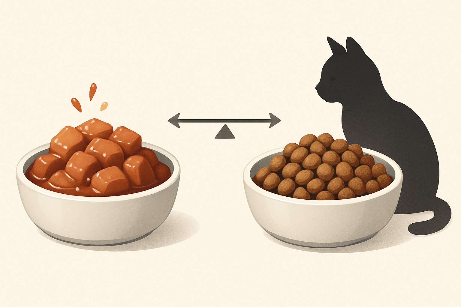 Two bowls showing wet cat food on the left and dry cat food on the right with a cat nearby.