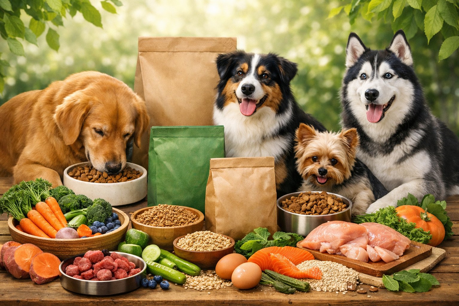 A group of happy dogs eating organic dog food surrounded by fresh ingredients and eco-friendly packaging in a bright kitchen.
