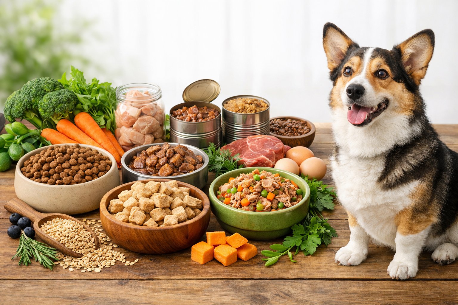 A healthy dog sitting next to bowls and packages of different types of organic dog food on a wooden table surrounded by fresh natural ingredients.