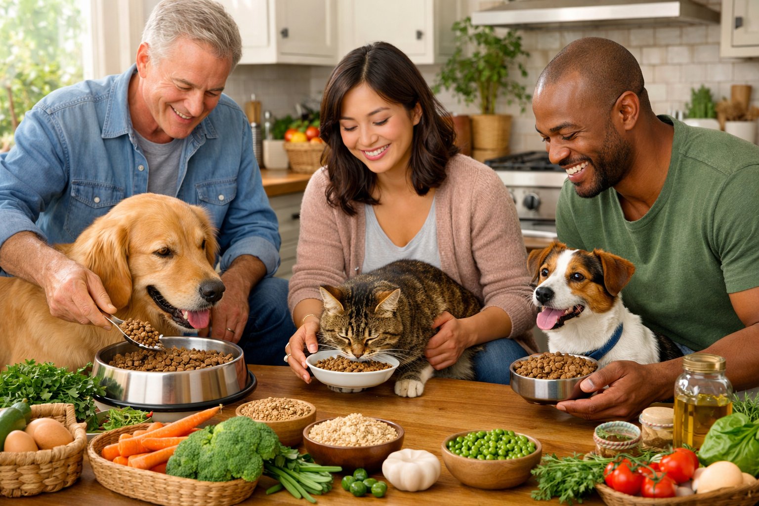 Pet owners feeding their healthy dog and cat organic pet food in a bright kitchen with fresh ingredients visible.