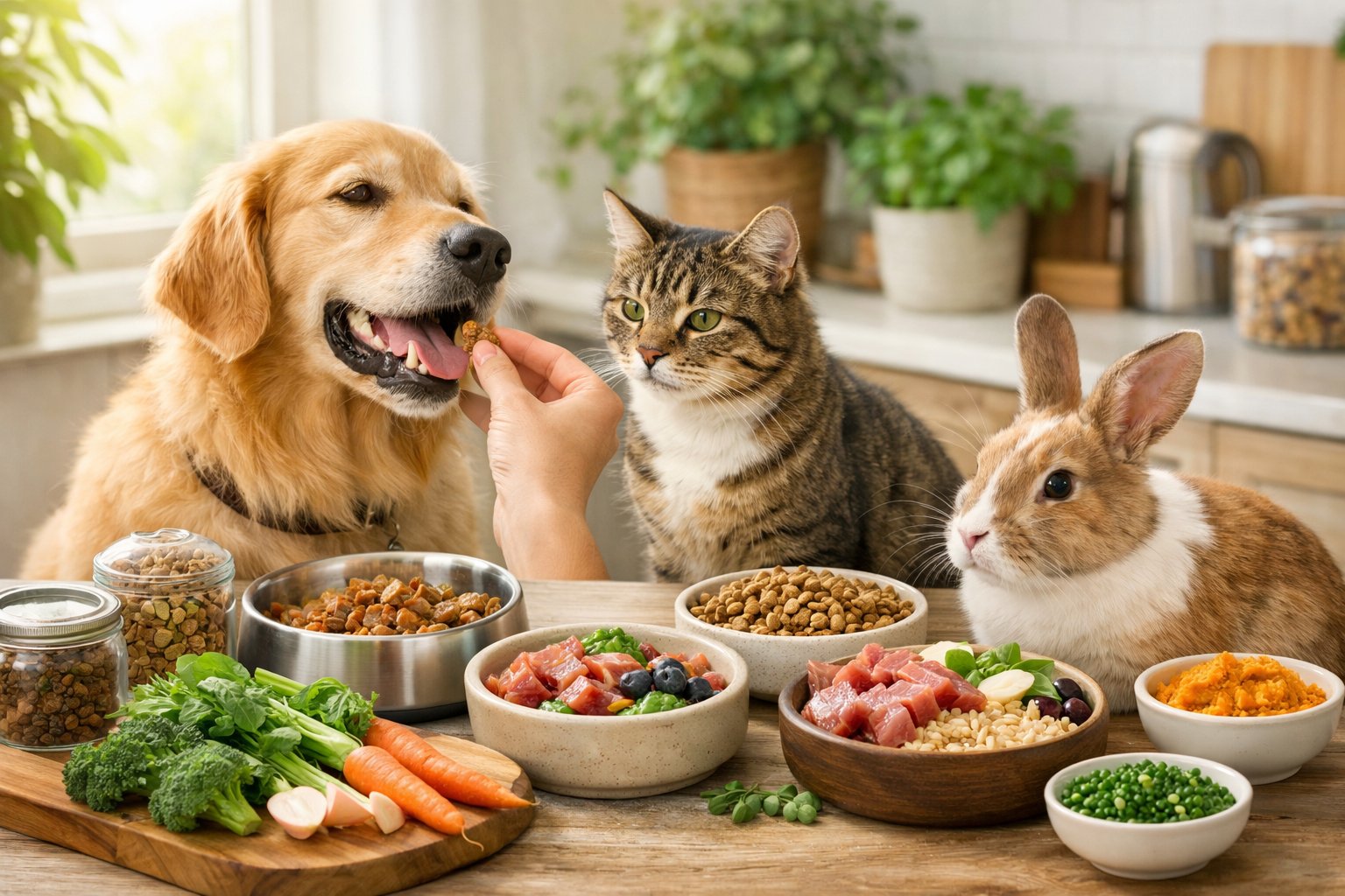 A variety of pets including a dog, cat, and rabbit gathered around a table with fresh organic pet food and natural ingredients in a bright kitchen setting.