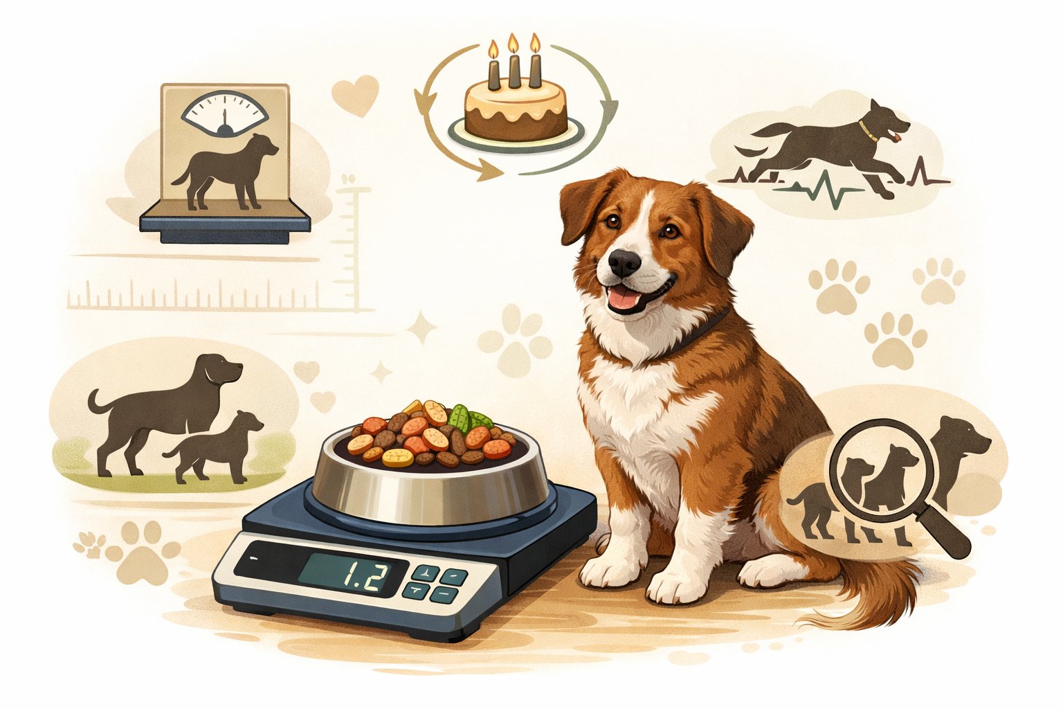 A dog sitting next to a digital food portion calculator surrounded by icons representing weight, age, activity level, and breed size influencing its food portions.