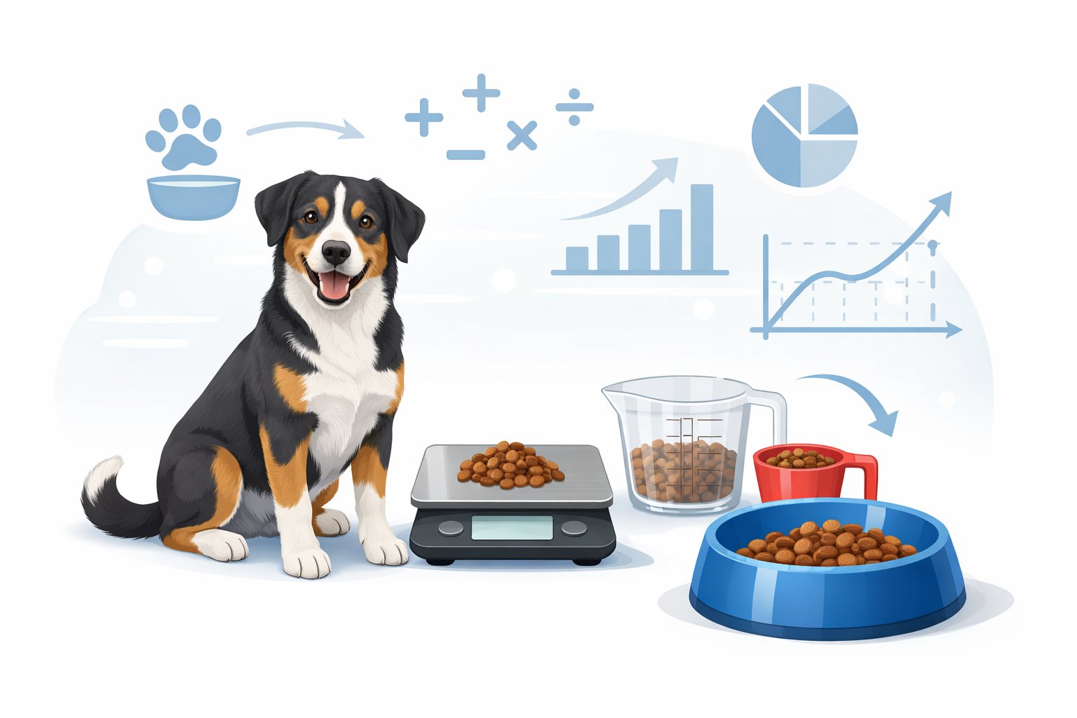 A healthy dog sitting beside measuring tools and a bowl of dog food with visual elements representing formulas and calculations in the background.