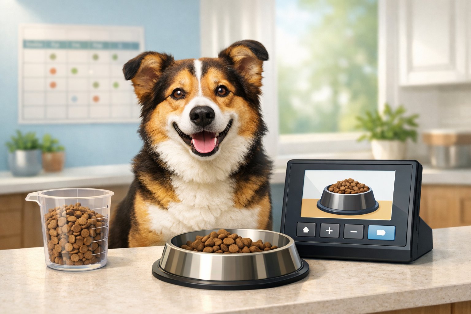A happy dog sitting next to a digital food portion calculator and a bowl of dog food in a bright kitchen.