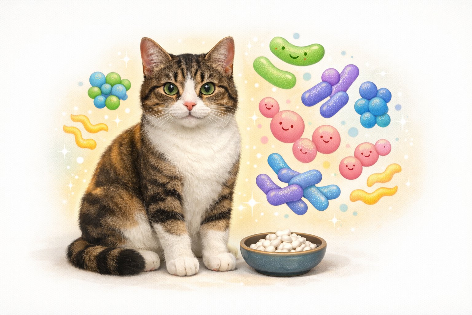 A healthy cat sitting next to a bowl of probiotic supplements with abstract colorful shapes representing gut bacteria around it.