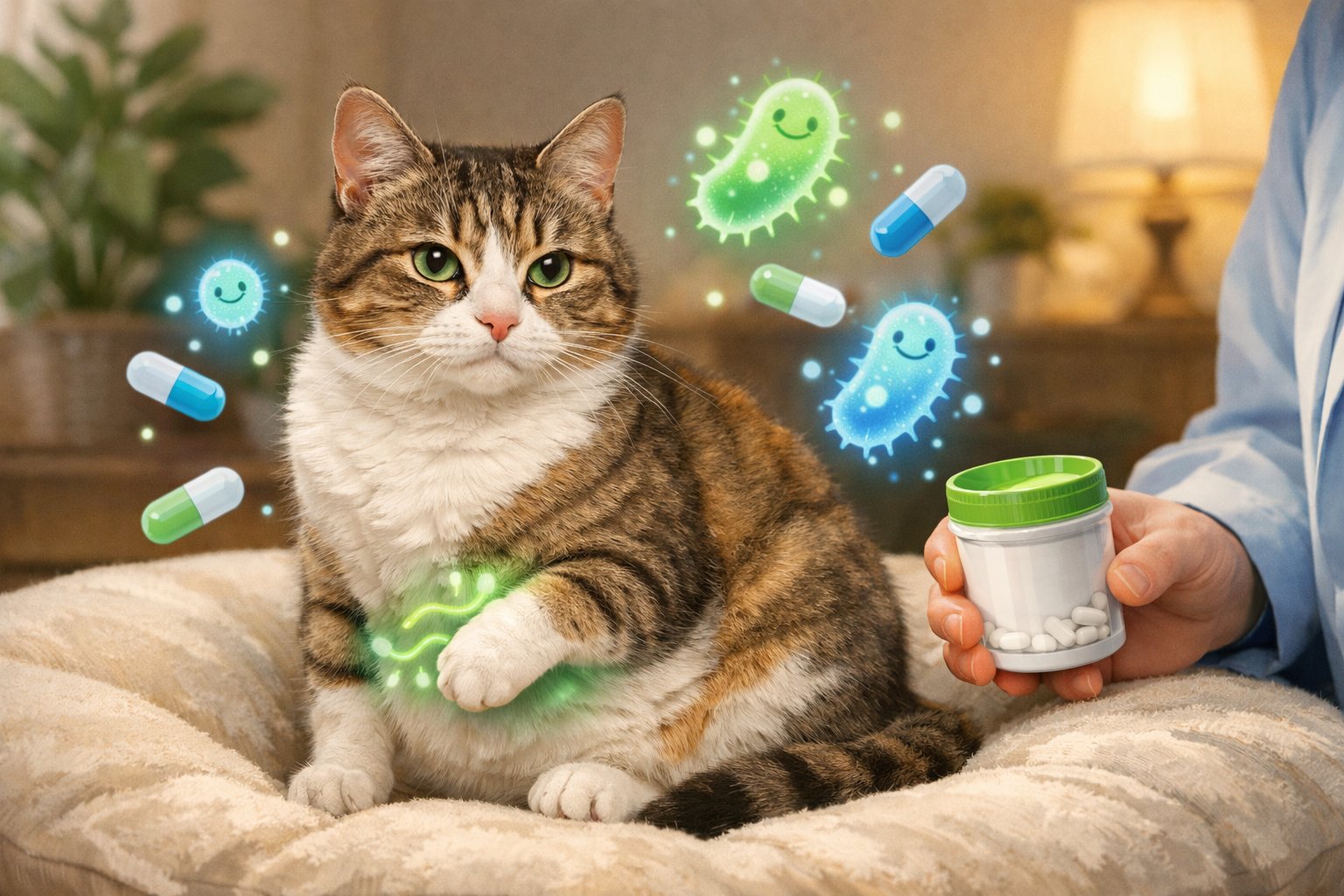 A calm cat sitting on a cushion with a veterinarian holding probiotic supplements nearby, surrounded by symbols of probiotics.
