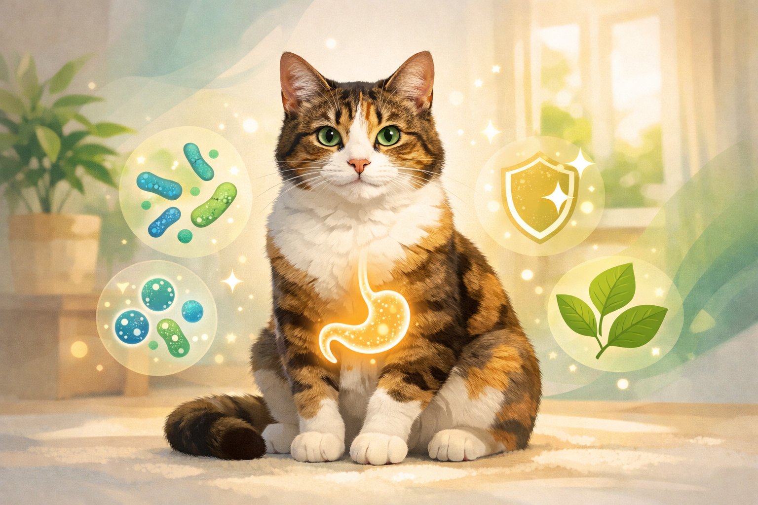 A healthy cat sitting calmly in a cozy home with symbols representing digestive health and wellness around it.