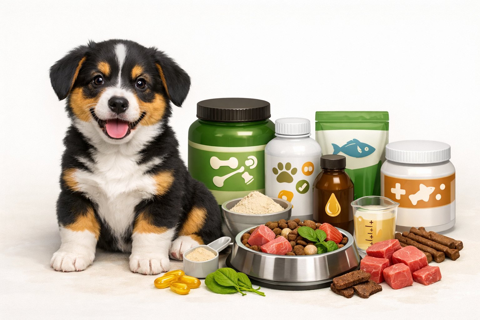 A happy puppy sitting next to various containers and natural ingredients representing puppy weight gain supplements.