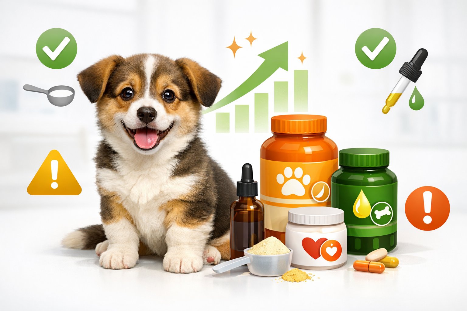 A happy puppy sitting next to supplement bottles with icons indicating vitamins and safe dosage, alongside visual cues of healthy weight gain.