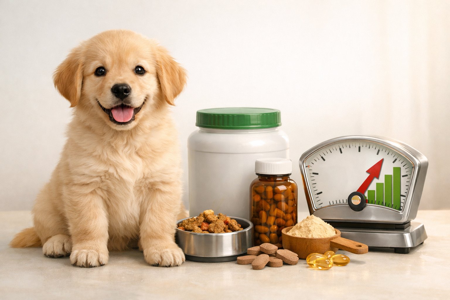 A healthy puppy sitting next to puppy food, supplements, and a measuring scale.