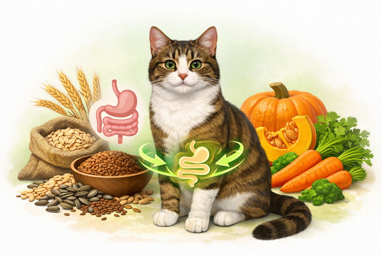 A healthy cat surrounded by images of fiber-rich foods like grains and vegetables, with symbols representing good digestion.