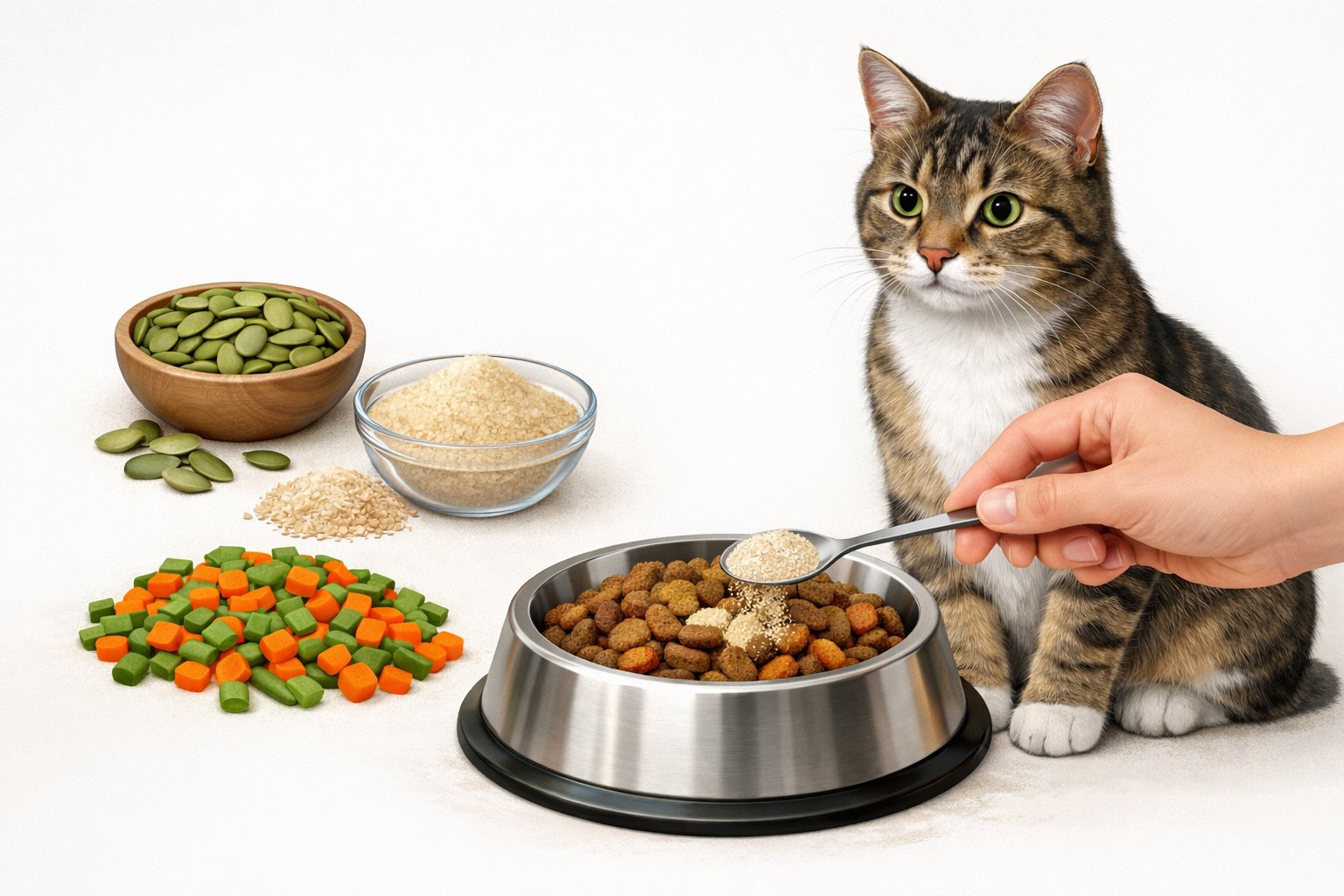 A cat next to a bowl of food with natural fiber ingredients being carefully added by a hand.