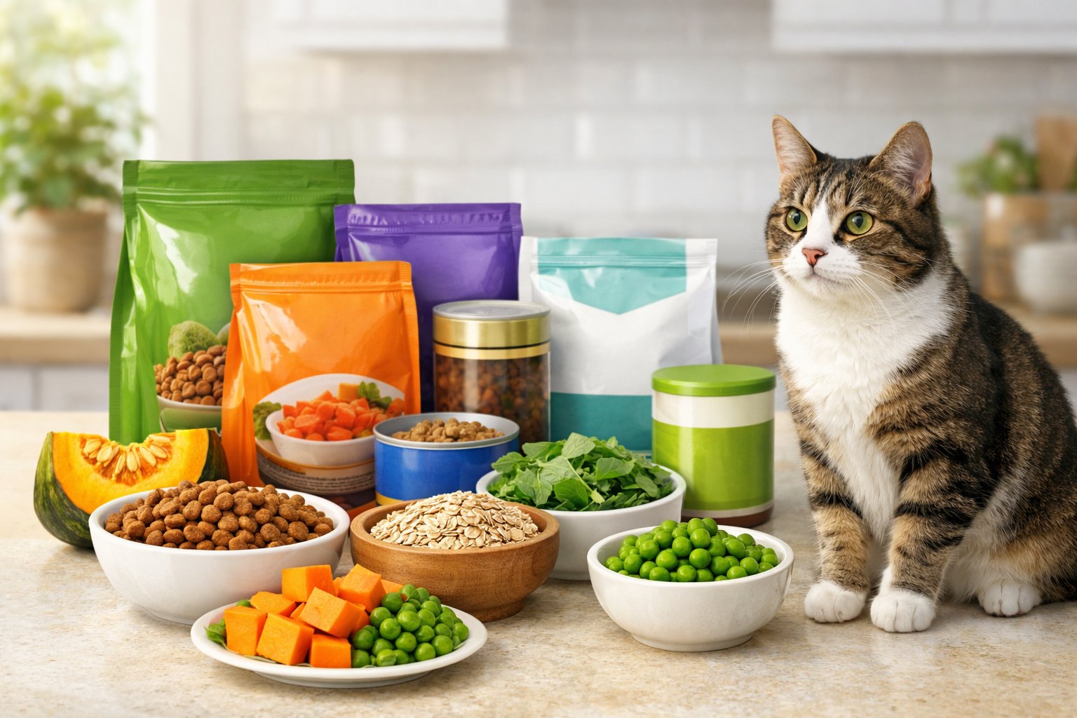 A cat sitting near bowls and packages of high-fiber cat food on a kitchen countertop.