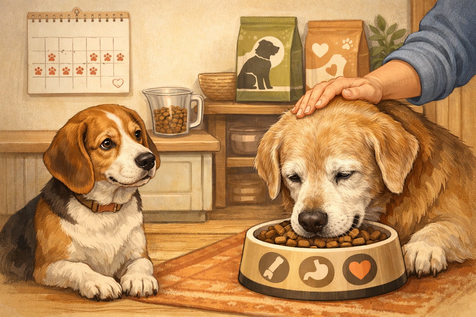 A middle-aged dog and a senior dog in a home setting, with the senior dog eating from a bowl while a person gently pets it.