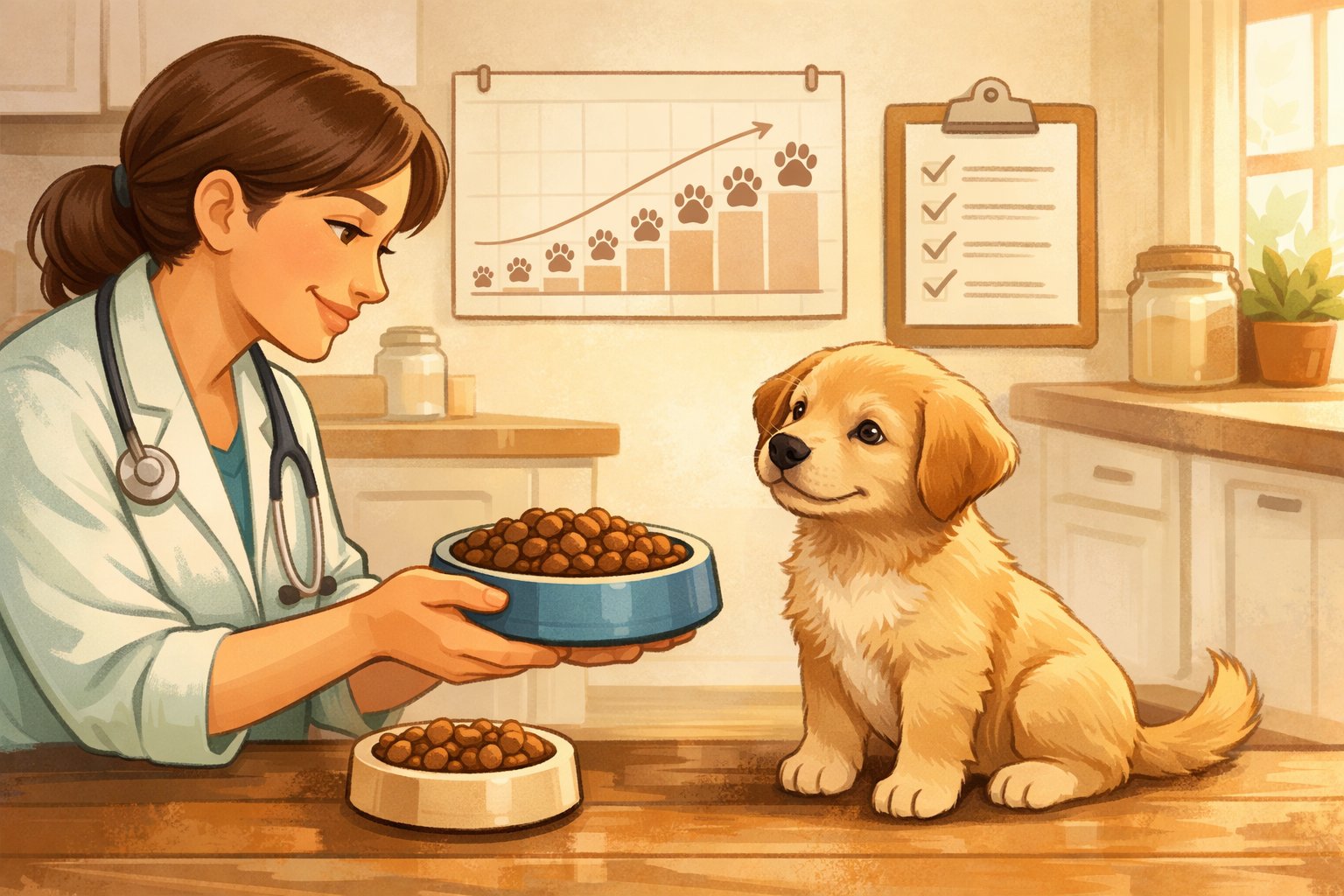 A veterinarian offering adult dog food to a puppy in a kitchen, with a calendar and checklist in the background indicating a planned feeding transition.