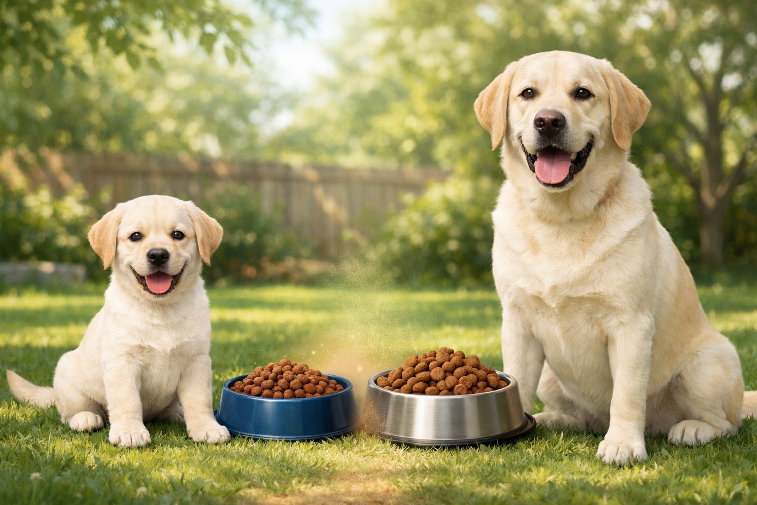 A puppy and an adult dog standing side by side outdoors with two bowls of dog food representing the transition from puppy to adult food.