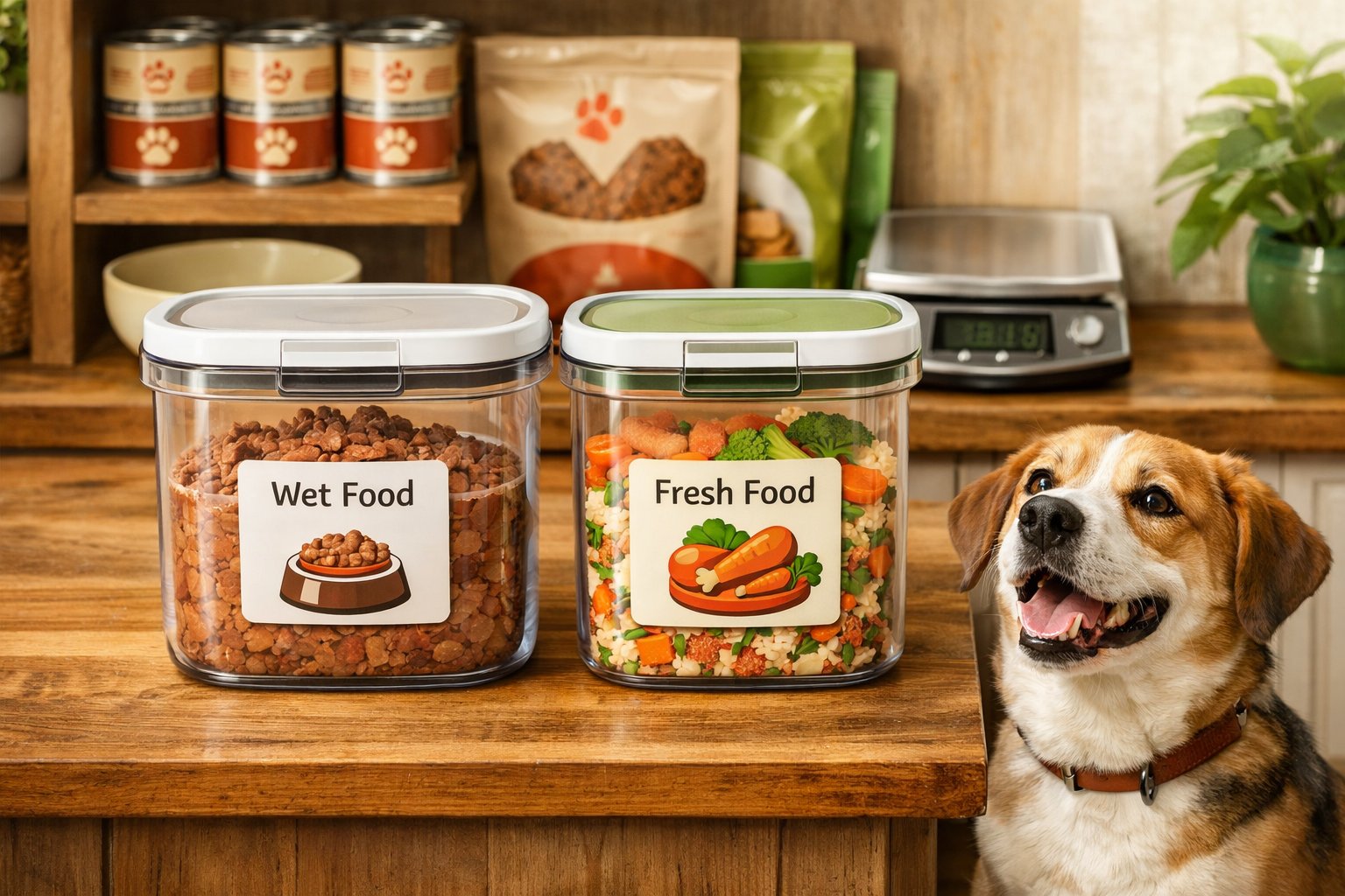 An organized kitchen countertop with airtight containers for wet and fresh dog food, a happy dog sitting nearby, and shelves with pet food supplies in the background.