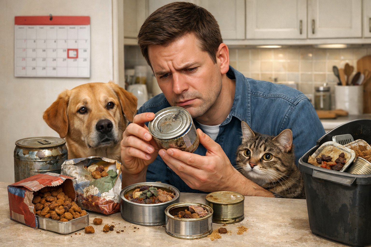 A pet owner examines pet food cans in a kitchen while a dog and cat watch nearby, with signs of spoiled food visible on some containers.
