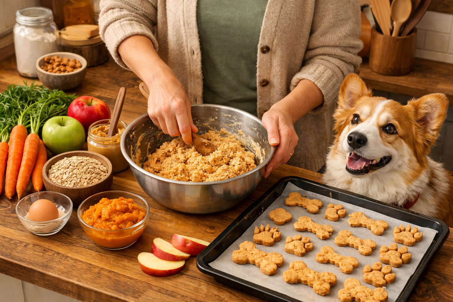 Person preparing natural dog treats in a kitchen with fresh ingredients and a dog watching nearby.