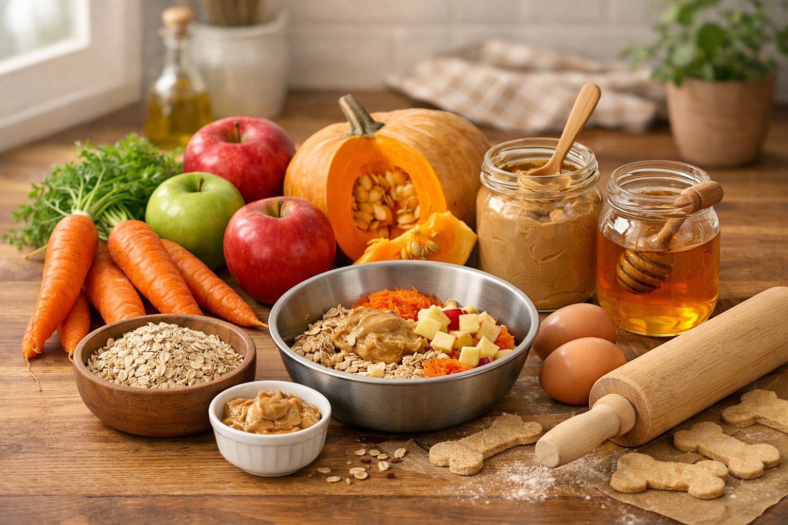 A kitchen countertop with fresh natural ingredients like carrots, apples, pumpkin, oats, peanut butter, eggs, and honey arranged for making healthy dog treats.
