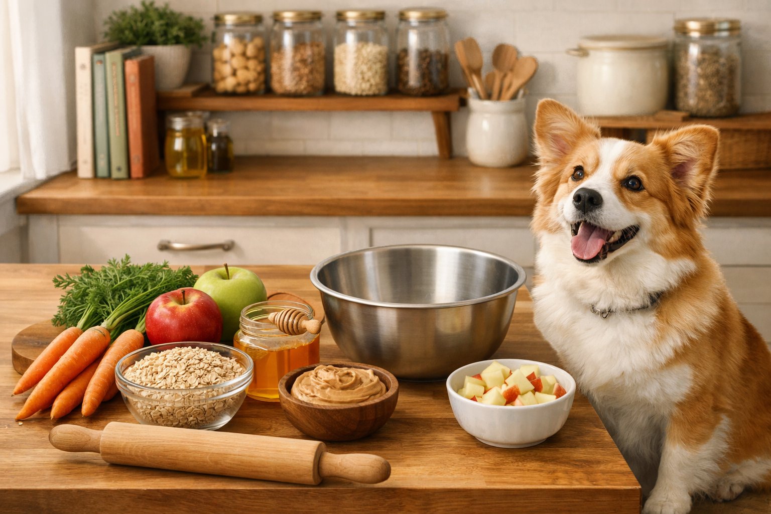 A kitchen countertop with fresh ingredients and tools for making dog treats, and a happy dog watching nearby.